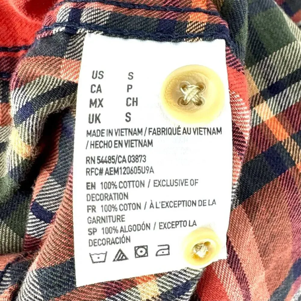 American Eagle Lightweight Cotton Plaid Long Sleeve Camp Shirt Red Green Brown M